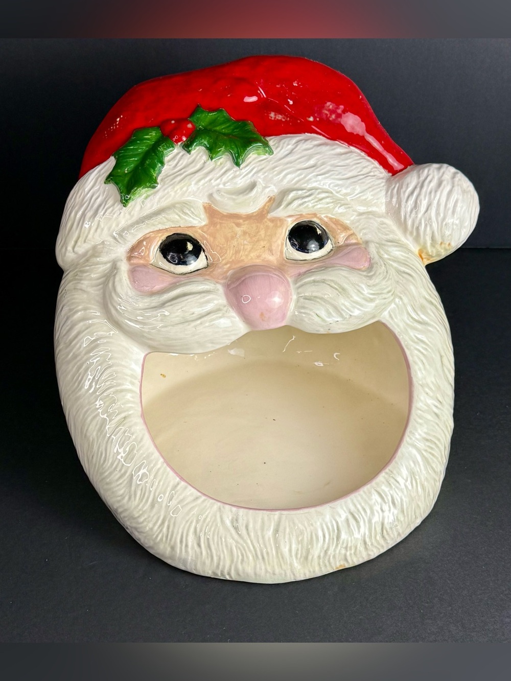 Vintage Large Ceramic Santa Head Hand Painted Open Mouth Cookie Plate, Candy Jar